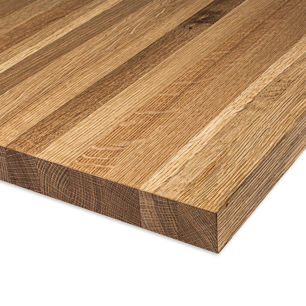 A countertop made of pieces of wood glued together with the edge grain to make a butcher block from the species White Oak. 